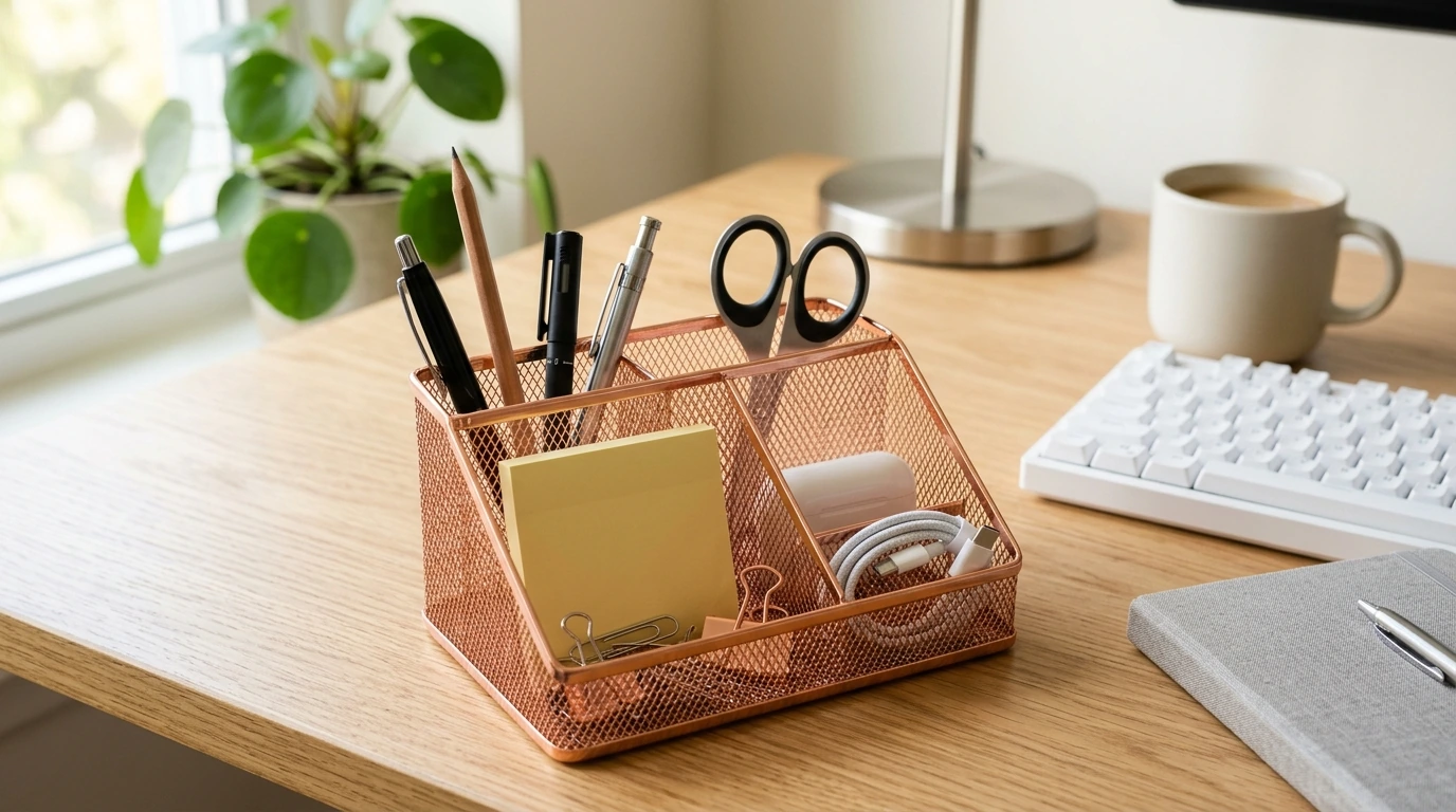 Rose Gold Mesh Desk Organizer: Sleek Multi-Compartment
